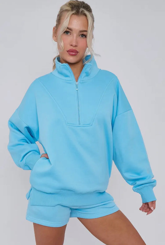 1/2 Zip Fleece Top & Shorts - Sky Blue