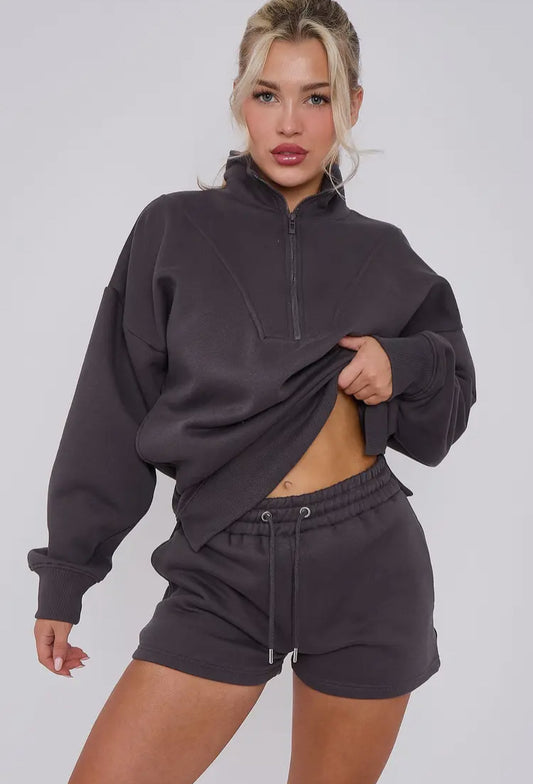 1/2 Zip Fleece Top & Shorts - Charcoal